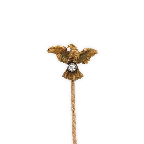 14K Yellow Gold Stick Pin of an Eagle Holding a Round Diamond   j7650